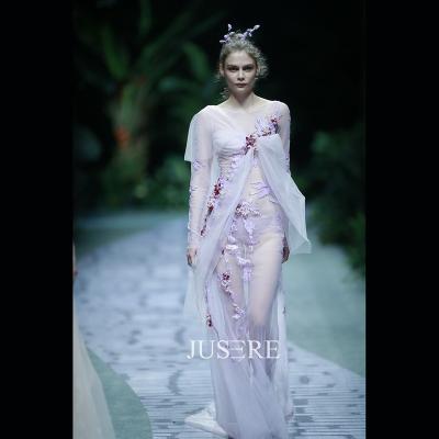 China JUSERE FASHION SHOW Anti-Static Purple Long Sleeves Scoop Neckline Line Chiffon Evening Dress Prom Dress for sale