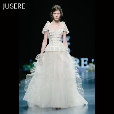 China Fashion Show Anti-Static Special Neckline Lovely Jusere Heavy Beaded Ruffles Line Wedding Dress Bridal Gown for sale