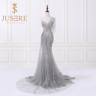 China Anti-Static Elegant Gray Handmade Pearl Mermaid Evening Dress Prom Dress for sale