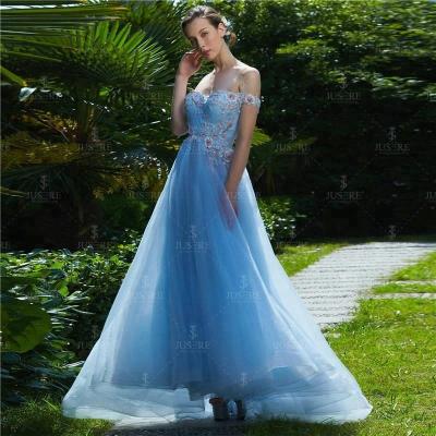 China Anti-Static Blue Off Shoulder Pleated Flowers Line Trimming Dress Girls Party Dress Plus Size Dress for sale