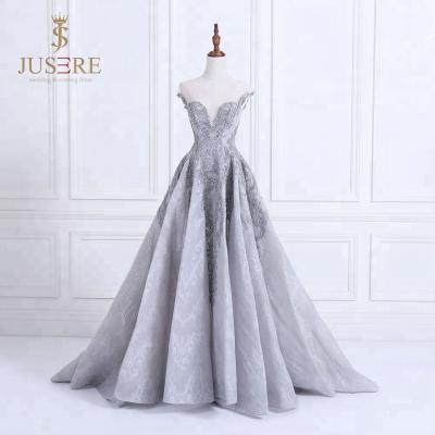 China Anti-Static Scoop Neckline Sparkle Sheer Sleeves Lace Up And Tulle A Line Gray Evening Dress for sale