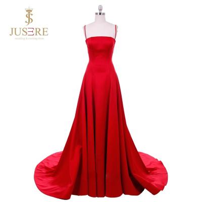 China Elegant Anti-Static A Line Spaghetti Tie Red Straight Neckline Satin Evening Dress Long Asian Formal Dress for sale