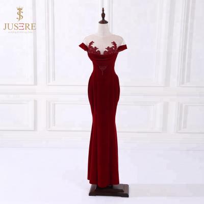 China Anti-Static Trumpet Mermaid Scoop Neck Short Sheath Red Elegant Beaded Applique Velvet Evening Dress Prom Dress for sale