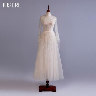 China New Design Anti-Static Long Puff Sleeves Scoop Neckline Lace Applique Beaded Ankle Length Line Wedding Dress Beach Styles Dresses for sale