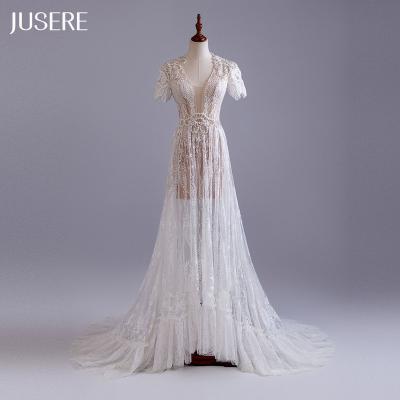 China New products anti-static lace up appliques plunging v neck beach styles line elegant wedding dress wedding dress for sale