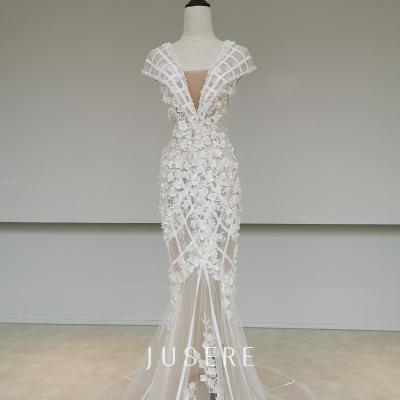 China Anti-Static Stunning Exquisite 3D Flowers Lace Up Mermaid Wedding Dresses Real Plus Size Appliqued Dress for sale