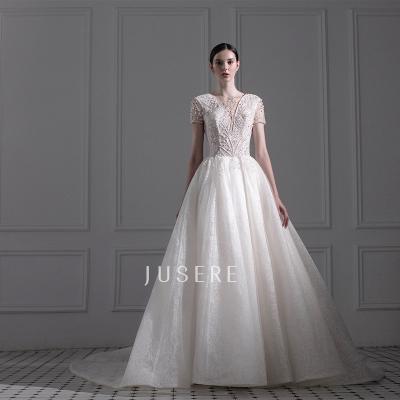 China Anti-Static Elegant V Neck Heavy Beaded Short Sleeves Wedding Dress Line Bridal Gown Ready To Ship for sale