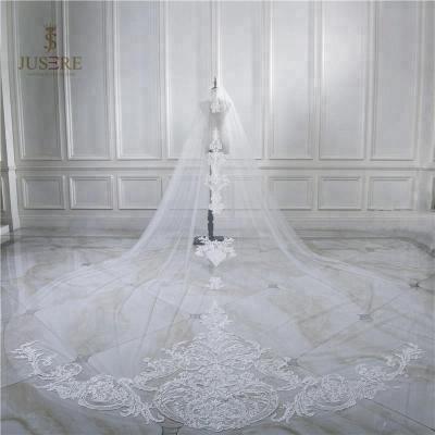 China Lace up bridal long edge embroidery lace ivory veil for sale