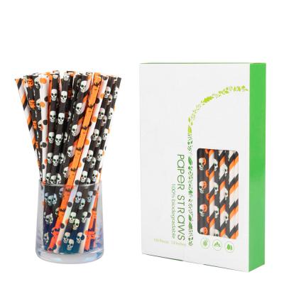 China Disposable Custom Pattern Printing Halloween Juice Drinking Paper Straw Stripe Disposable Biodegradable Paper Straws for sale