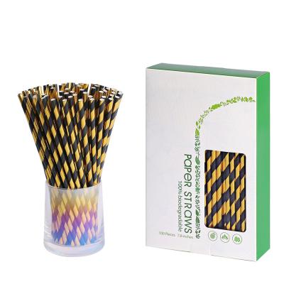 China Disposable High Quality Disposable Black Gold Striped Eco Friendly Biodegradable Paper Drinking Straws Straws Set Custom Paper for sale