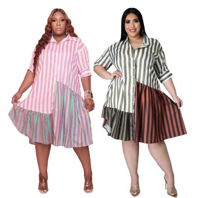 China QUICK DRY Autumn Ladies Turn-Down QUICK DRY Blouses And Collar Tops Long Half Sleeve Sheath Patchwork Striped Plus Size Womens Blouses And Shirts Dresses for sale