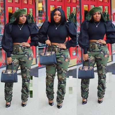 China Anti Wrinkle Camouflage Combat Waist Casual Cargo Sweat Pleated High Knee Hole Pockets Growing Street Wear Workout Women Stacked Pants for sale