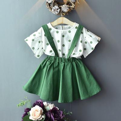 China Comfortable Breathble /washable Toddler Girl Clothes Suspender Skirt Summer Dot Short Sleeve T-shirt Two-Piece Skirt Set for sale