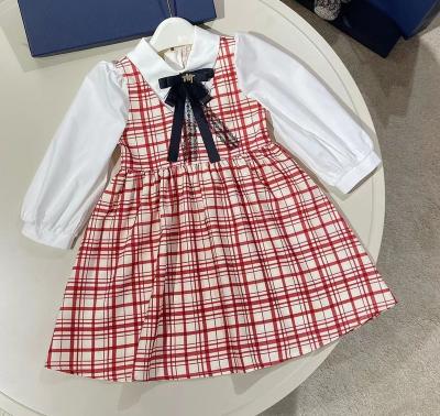 China New girls princess plaid dress England style shirt bow tie collar washable long sleeve children's wear one line skirt for sale