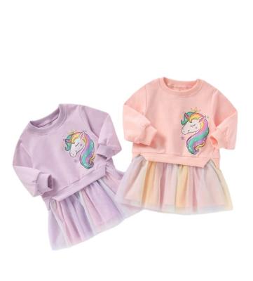 China Wholesale Long Sleeve Washable Knit Dress Rainbow Unicorn Dress Kids Gradient Color Kids Dress for sale