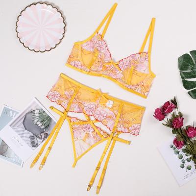 China Adults She In Womens 3 Piece Floral Lace Lingerie Set With Sexy Bra And Garter Belts Panty Yellow for sale