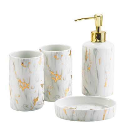 China 2020 New Design Gold Marble Ceramic Decal Europe Sustainable Hotel 4 Pcs Simple Set Bathroom Accessories for sale