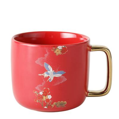 China Viable Wholesale Chinese Red Coffee Mug Decal Crane Coffee Mug Ceramic Factory for sale