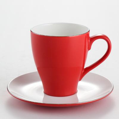 China Sustainable Wholesale Ceramic Bright Red Colored Tea Cups And Saucers for sale