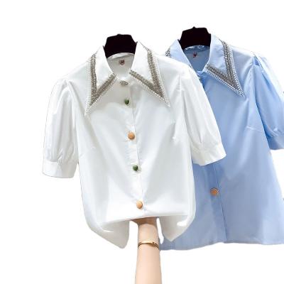 China Anti-Wrinkle Work Fashion Shirt Slim Stripe Short Sleeve Ladies White Sleeve Shirt Work Uniform for sale