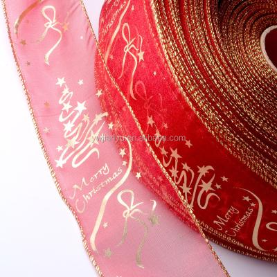 China New Year DIY Christmas Gift Wrapping Decoration Gold Glitter Organza Satin Gift Ribbon Party Wedding Decoration Craft Material for sale