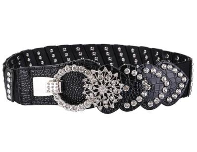 China Custom Luxury Western Leather Women's Elastic Waistband Ladies Waistband Rhinestone Designer Stretch Waist Fashion Rhinestone Elastic Belt for sale