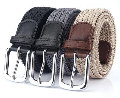 China Multicolor Quality Heavy Duty Kint Stretch Elastic Pin Buckle Woven Belt With Leather Tab End Tip Suede for sale