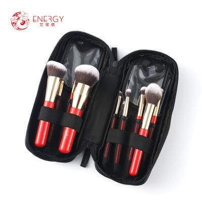 China Angular Blush ENERGY Custom Branding Low MOQ High Quality Professional Wooden Synthetic Hair 10pcs Red Makeup Brush Set for sale