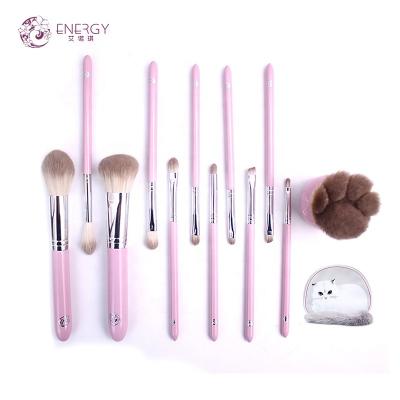 China Cute Pink Cat Paw Design With Cat Tail ENERGY Designer Premium 12pcs Cat Paw Foundation Brush DIY Makeup Brush Christmas DIY Gifts With Bag for sale