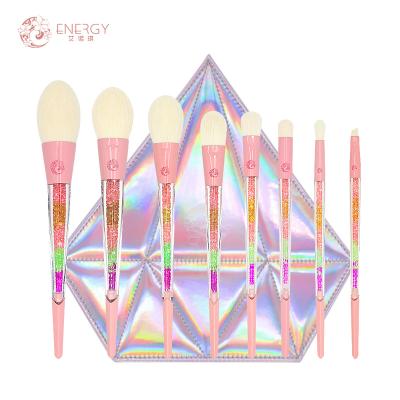 China Angular Blush ENERGY Design Fashionable Colorful Cute Glitter Diamond Pink Hair 8pcs Private Label Bling Synthetic Makeup Brush Set for sale