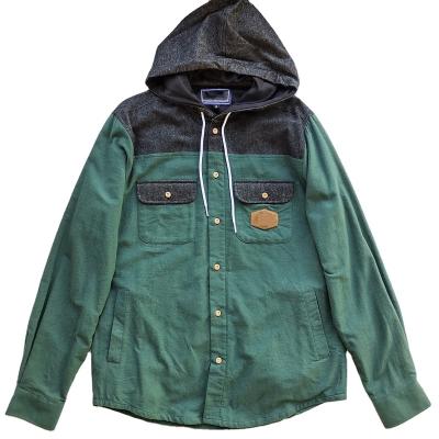 China Mens Breathable Winter Plain Satin Lined Green Flannel Brushed Heavy Long Sleeve Shirts With Hood for sale