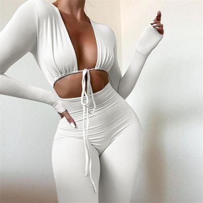 China 2022 New Spring Solid Color V Spring Sexy Women Lady Jumpsuit QUICK DRY Deep Bandage One Piece Long Sleeve for sale