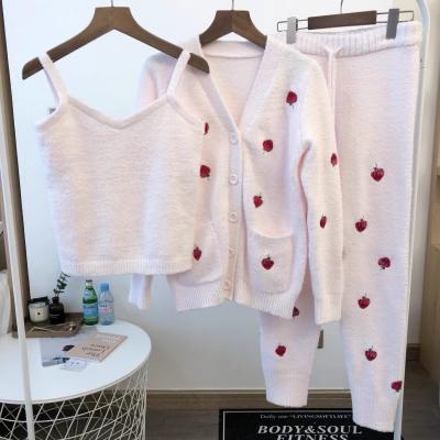 China QUICK DRY Spring Strawberry and Autumn Coral Velvet Japanese Soft Embroidered Cloaks Vest Cardigan Ladies 3-Piece Pajamas Set for sale