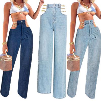 China Anti-wrinkle 2021 summer women's jeans style spring and hollow hot sexy waistless chain straight pants women for sale