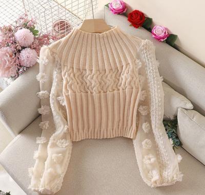 China 2021 New Autumn Winter Super Fairy Mesh Stitching Puff Long Sleeve Women's Sweater Tight Slim Short Anti-wrinkle Women's Sweater for sale