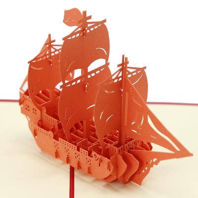 China Various Styles Handmade 3D Sculpture Sailing Ship Invitations Boy Gifts Orange Postcard Business Handmade 3D Greeting Card for sale