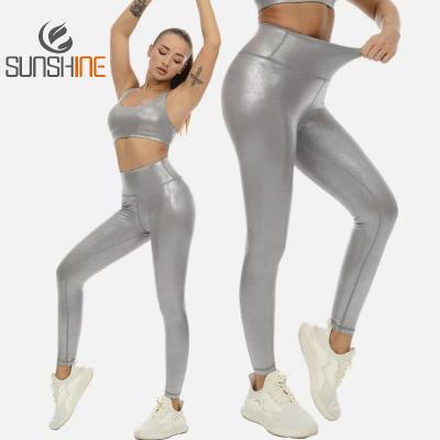 China Breathable Shiny High Waist Look Liquid Yoga Pants And Sports Bra Shinny Leather Yoga Set For Women Tights Stretch Gym Workout Sports Set for sale