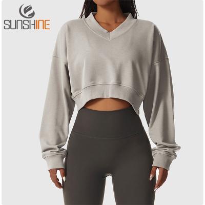 China Women Fitness Apparel Fleece V-Neck Gym Sweater Cotton Oversize Jumper Breathable Sweatshirts for sale