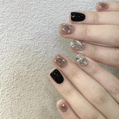 China Custom Design Fashion Design Black Diamond Quadruple Flash Star Staining Short Nail ABS Acrylic Artificial Nail for sale