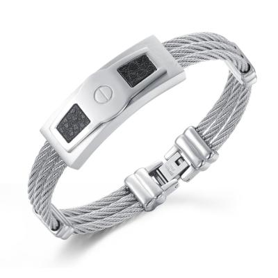 China Silver Stainless Steel Stainless Steel Wire Twist Cable Men Bracelet With Leather Inlay for sale