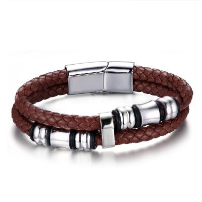 China Personalized Genuine Stainless Steel Double Rope Bracelet Stainless Steel Magnetic Leather Accessories for sale