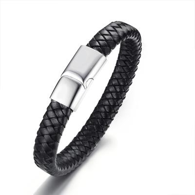 China Stainless Steel Classic Stainless Steel Bracelet Black Leather Hand Woven Chain for sale