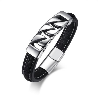 China Silver Stainless Steel Mens Bracelet Jewelry Stainless Steel Genuine Leather Hand Chain for sale