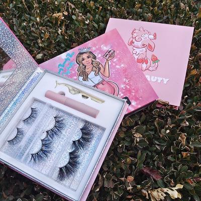 China Cheap natural lashbox custom made false eyelash packaging vegan 3d mink eye lash box 3 pairs lashes box with tweezers applicator case and adhesive glue for sale