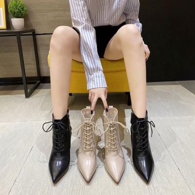 China Winter Anti-slippery Women's High Heels Shoes Elegant Luxury Pointed Lace Up Ankle Ladies Leather Boots for sale