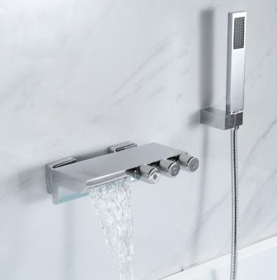 China Knobless Slide Bar Design Bathtub Shower Waterfall Faucet Wall Mount Tub Mixer New With Hand Held Shower for sale