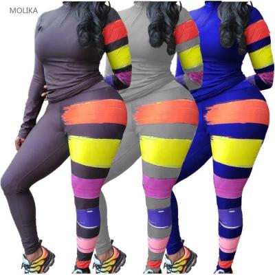 China New Arrivals Reversible Women Clothing High Neck Zipper Paint Color Stripes Two Piece Pants Set Matching Set Women for sale