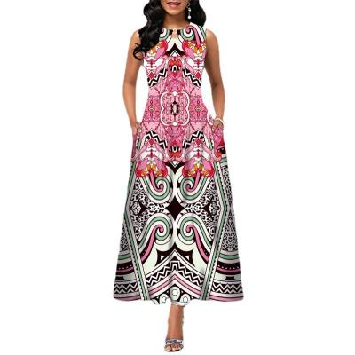 China European and American round neck anti-static sleeveless vest printed dress with pockets plus size long dress for sale