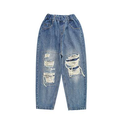 China Polyester/Cotton 2023 New Fashionable Children's Pants For Girls Spring Harem Pants For Middle And Older Kids With Ripped Knee Patch Lattice for sale