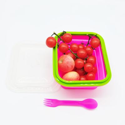 China Hot Selling Freshness Preservation Folding 800ml Silicone Box Lunch Microwave Food Storage Container With Plastic Spoon for sale